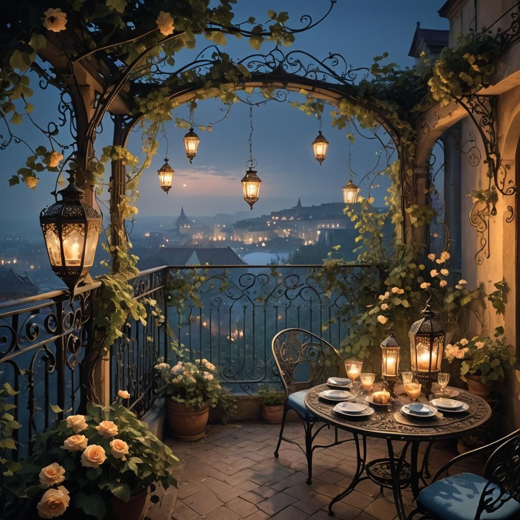 Mystical Moonlit Balcony with Vines and Lanterns