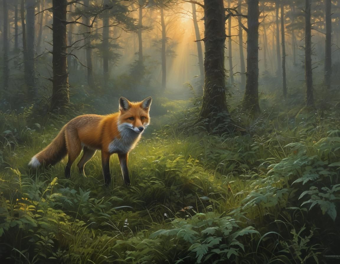 Fox in Forest Undergrowth: Oil Painting