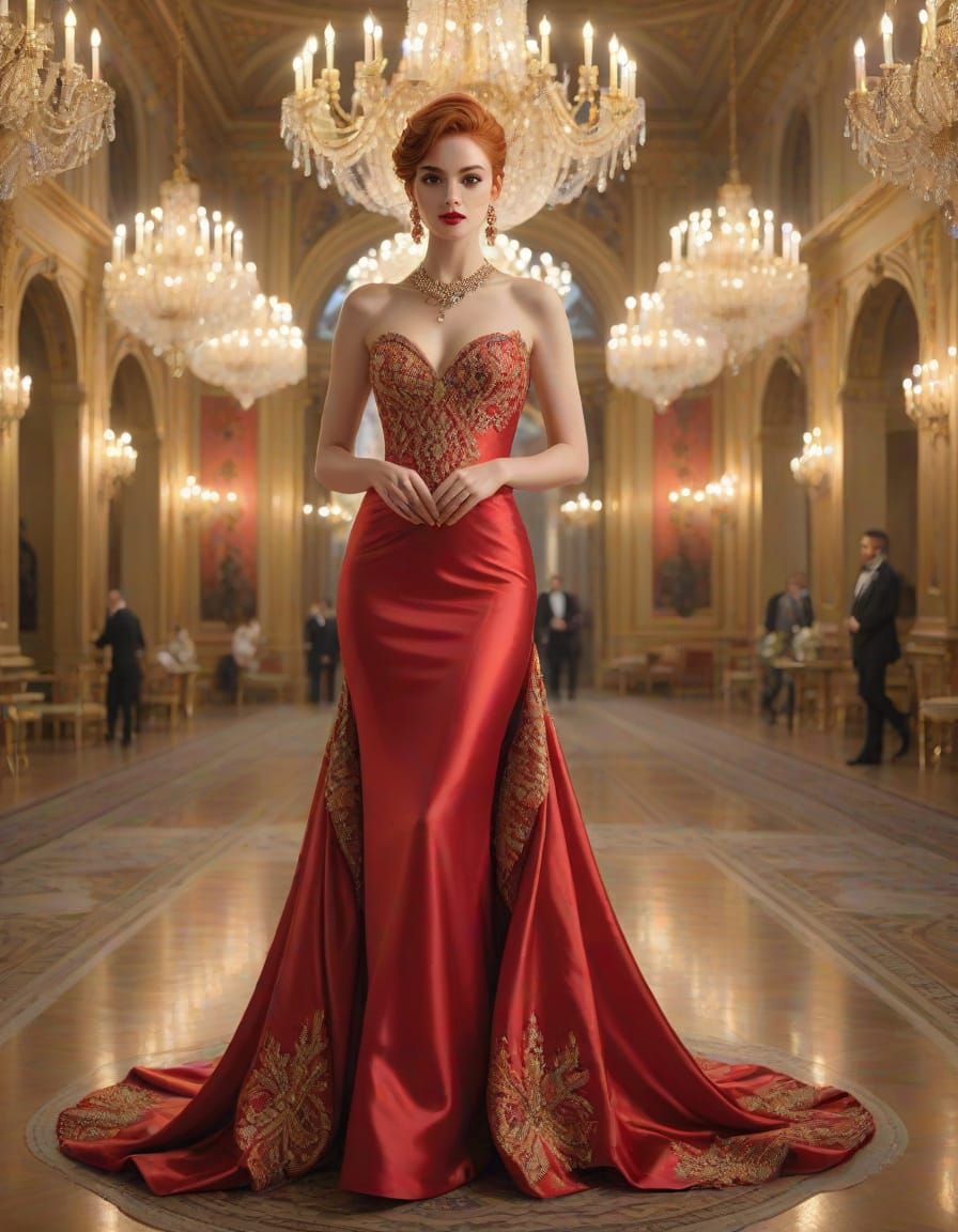 Elegant Woman in Red Gown in Opulent Ballroom
