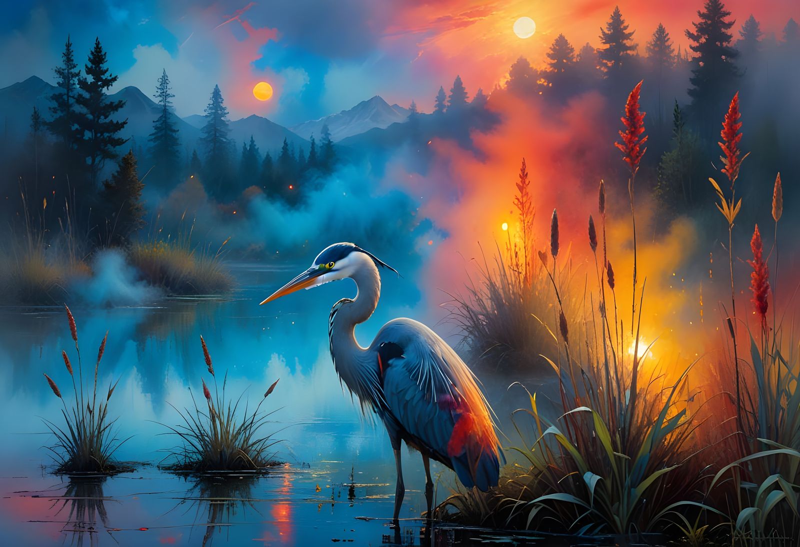 Majestic Blue Heron in Ethereal Fog
