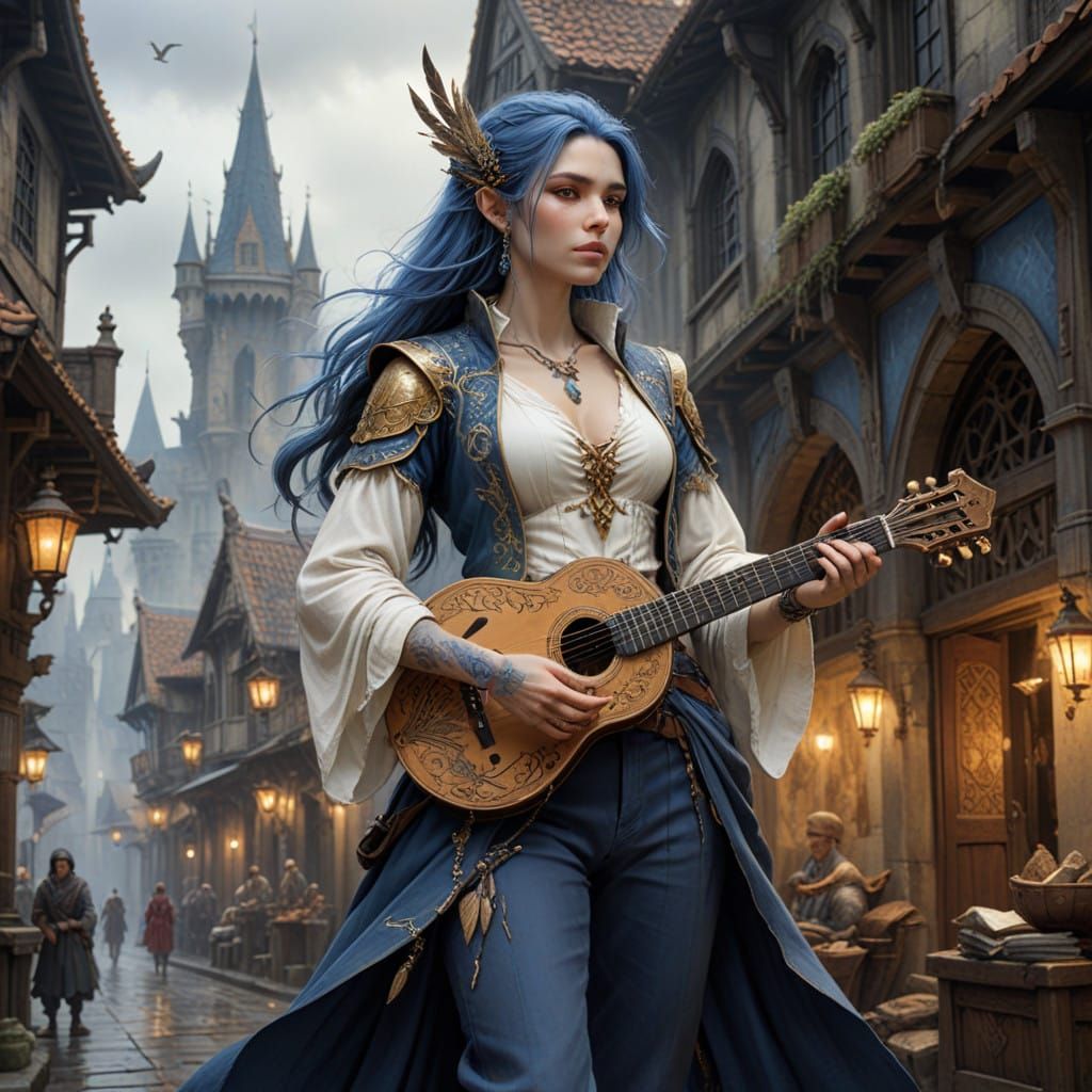 Androgynous Goliath Bard in Vibrant Cityscape