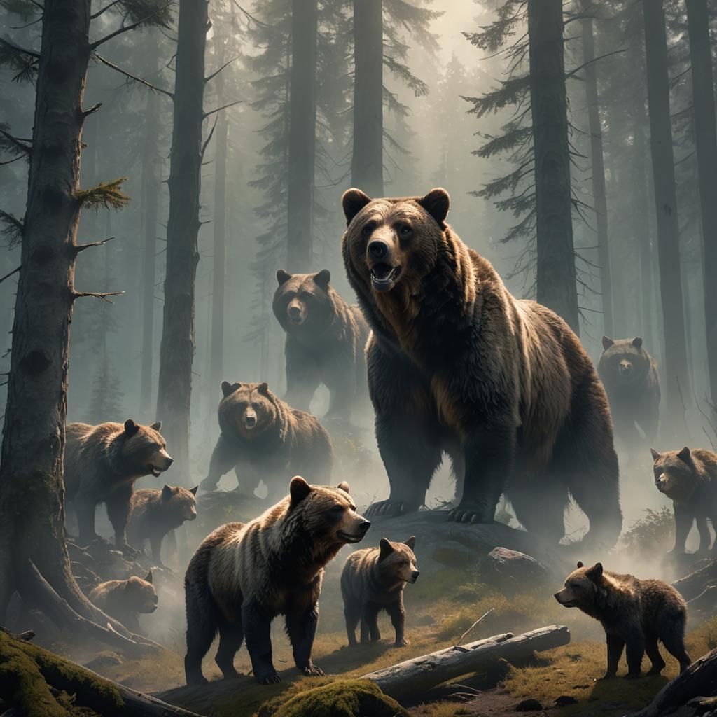 Bear Confronts Wolves in Misty Forest Clearing