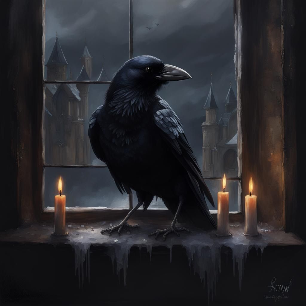 Ominous Crow in Castle Window with Crystals