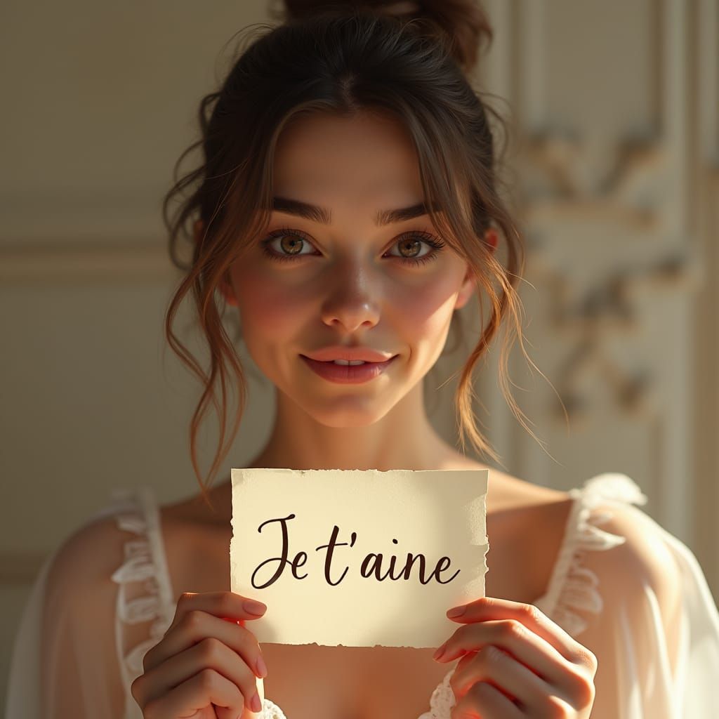 French Woman Holding "I Love You" Note in Verdadism Style