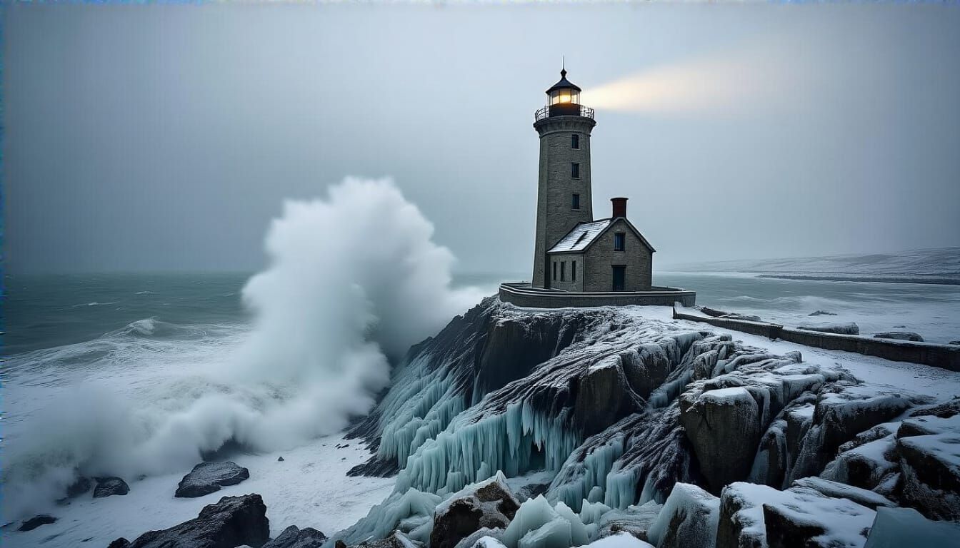 Lighthouse in a Winter Storm's Fury