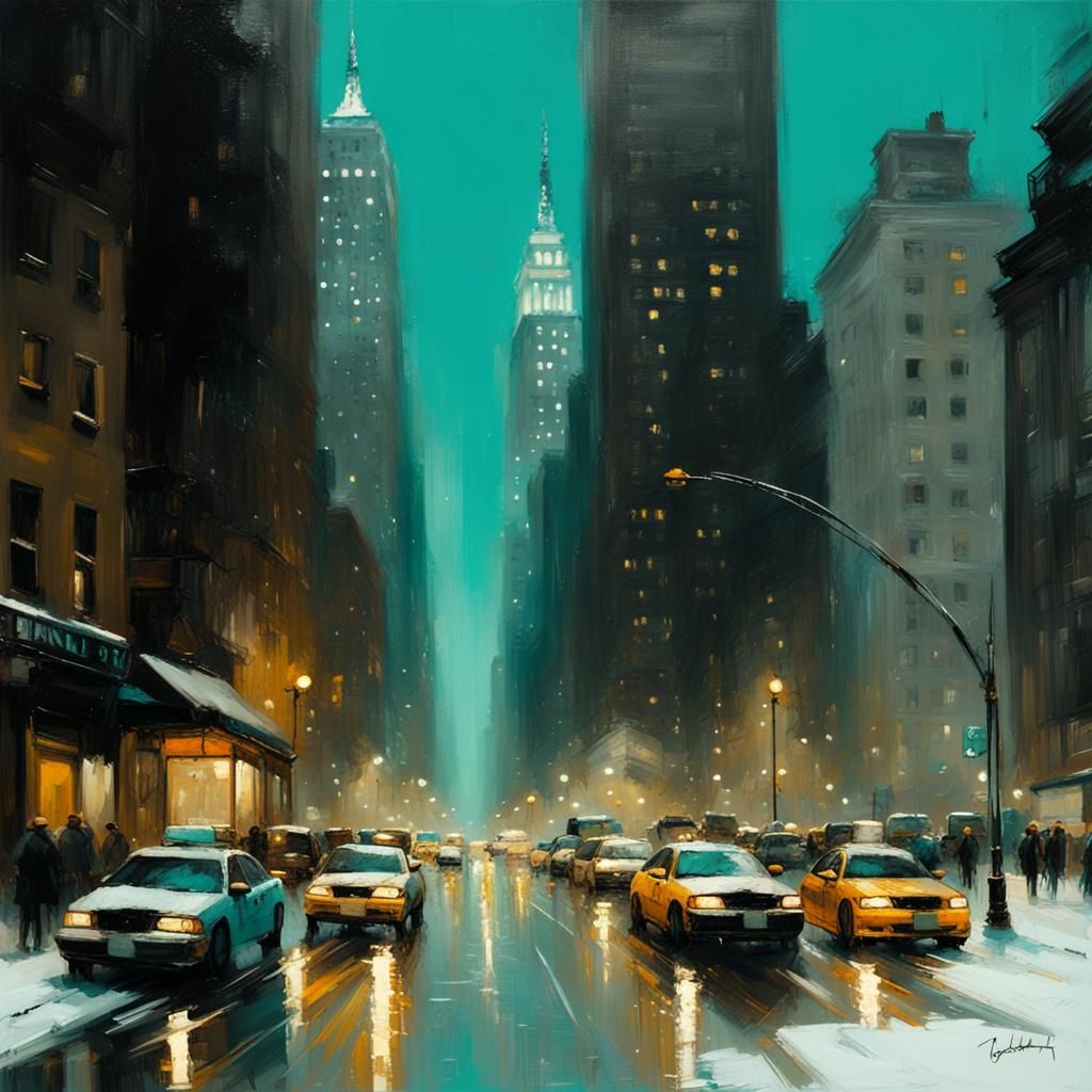 Manhattan Nightscape in Oil and Gouache Style