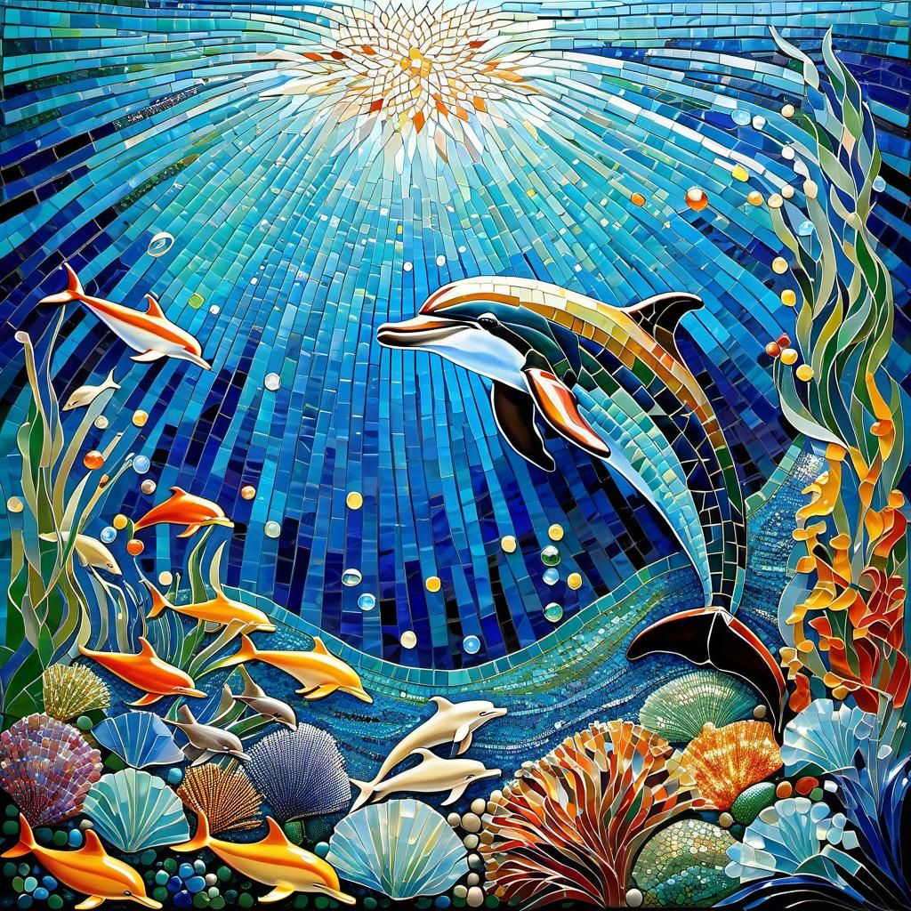 Beautiful Dolphin Mosaic Underwater in Art Nouveau Style