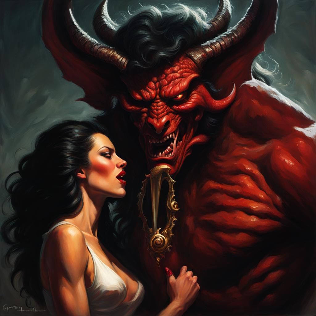 Sinister Demon Licking Woman, Dark Fantasy Art