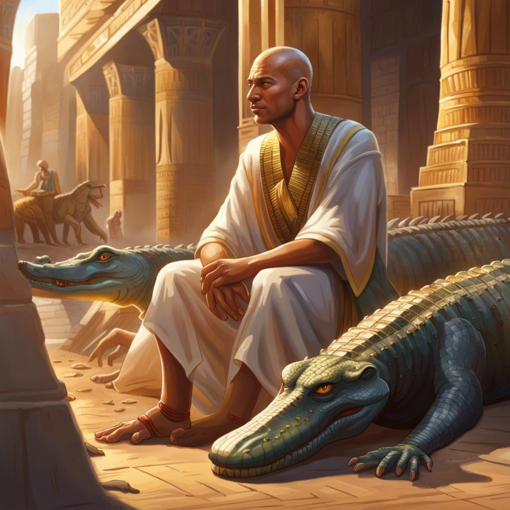 Ancient Egyptian Surrounded by Crocodiles: Hyperrealistic Co...