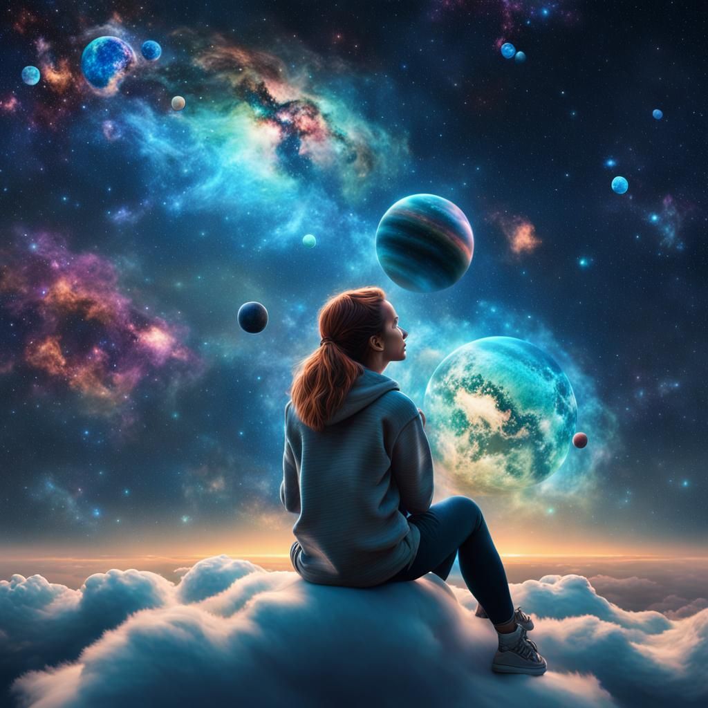 Woman on Cloud Gazing at Stars in Hyperreal Style