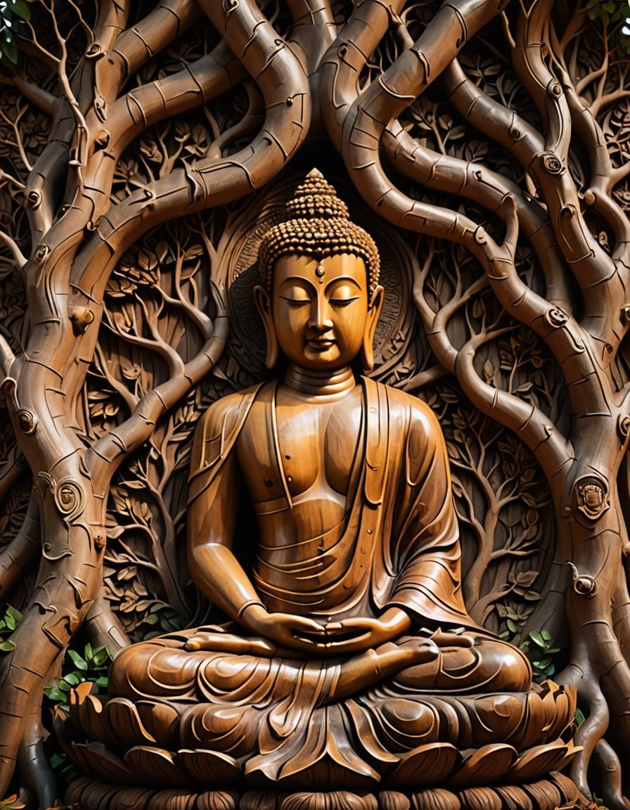 Buddha Meditating: Wooden Carving in Relief