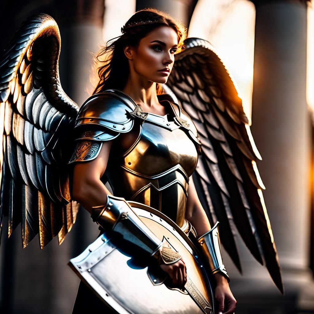 Beautiful Angel with Armor Shield: Photorealistic Image