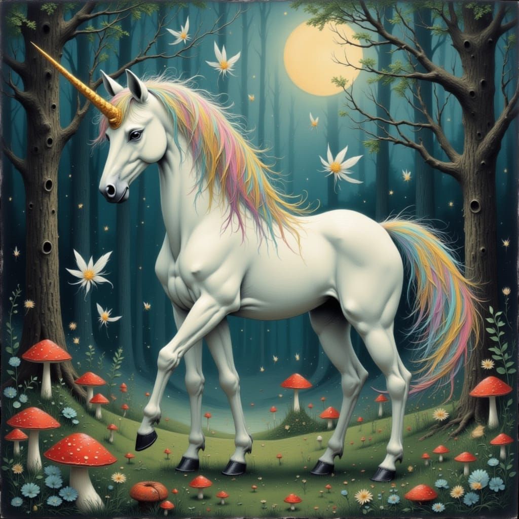 Unicorn in Moonlit Forest Clearing with Fairies