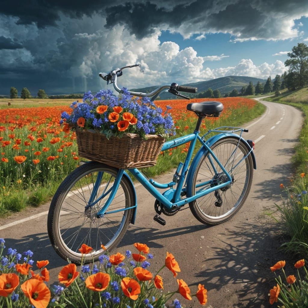 A Cyclist Stops Amongst Vibrant Poppies and Cornflowers in a...