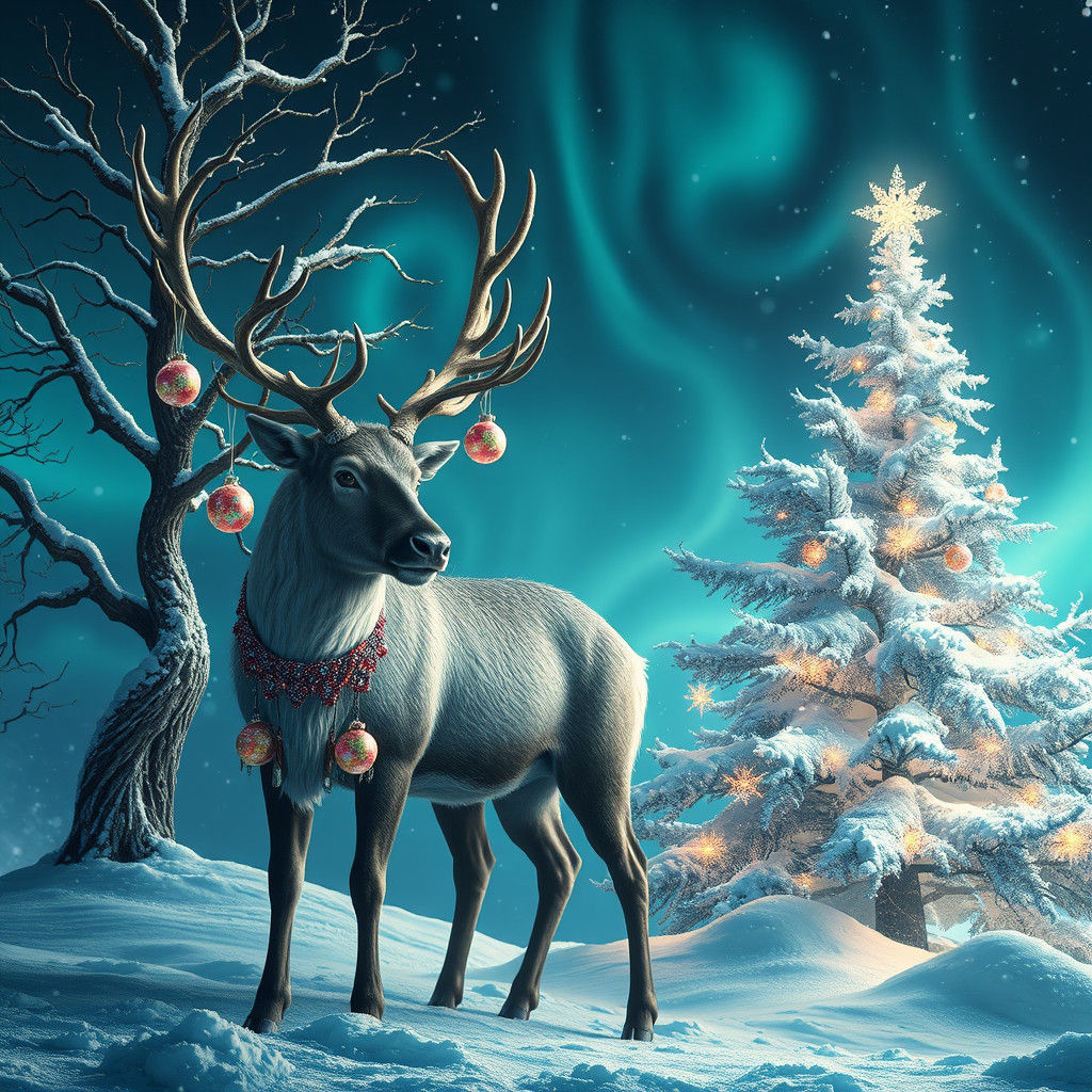 Ornate Reindeer and Christmas Tree in Winter Wonderland