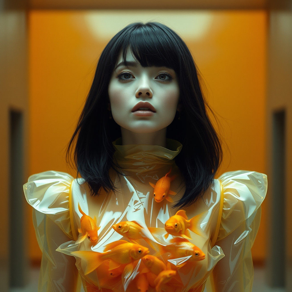 Surreal Futuristic Scene with Goldfish Dress