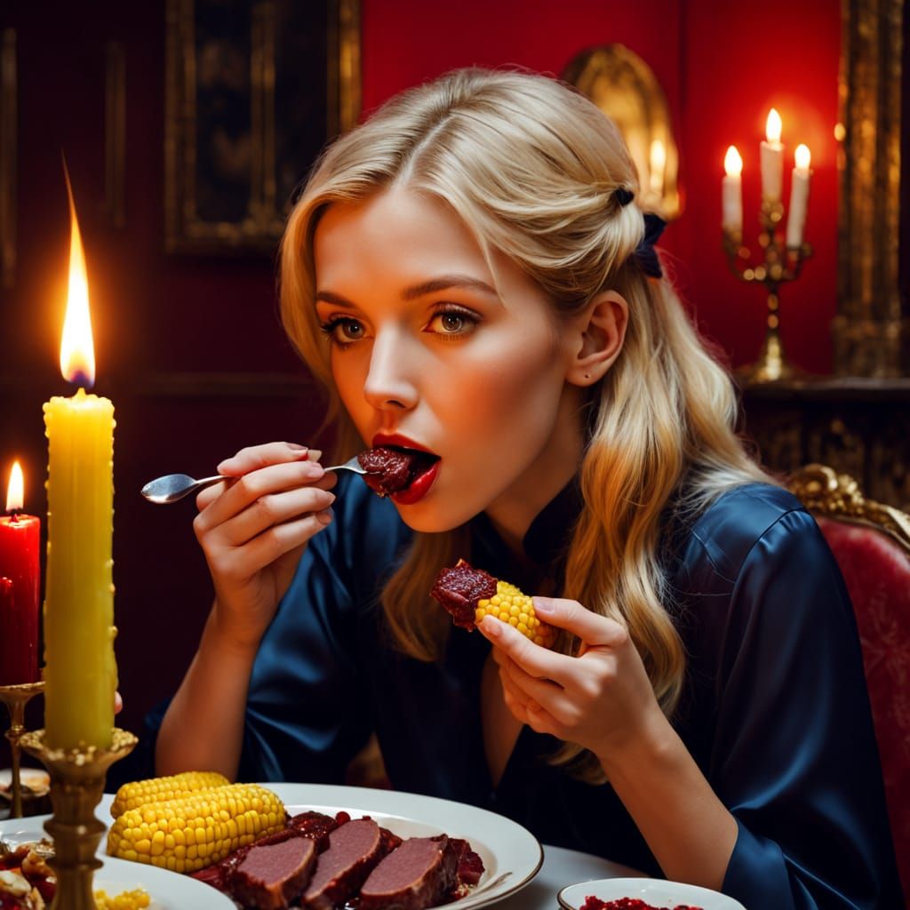 Blonde Woman Savoring Liver at a Cozy Dinner Table