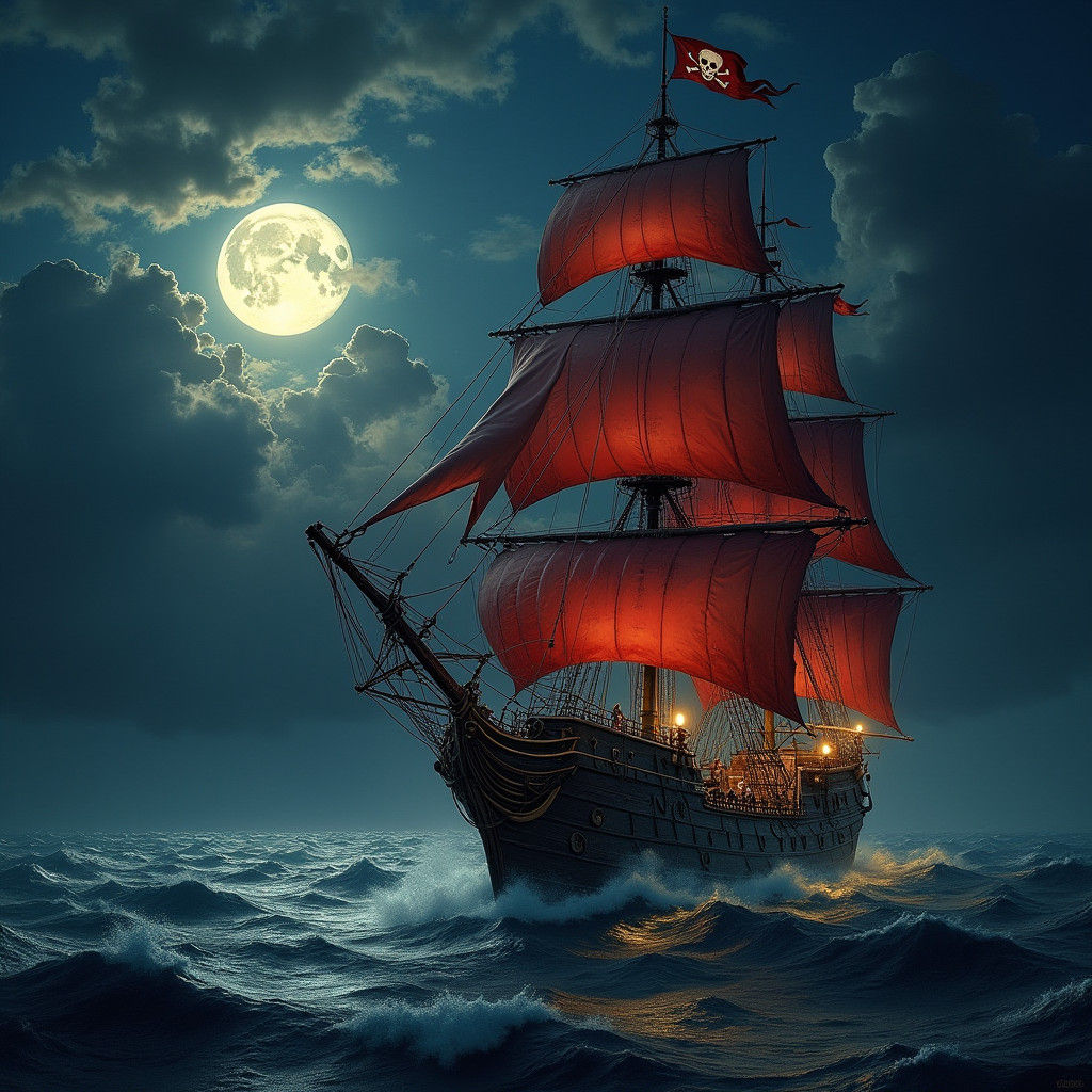 Pirate Ship with Red Sails Under Full Moon