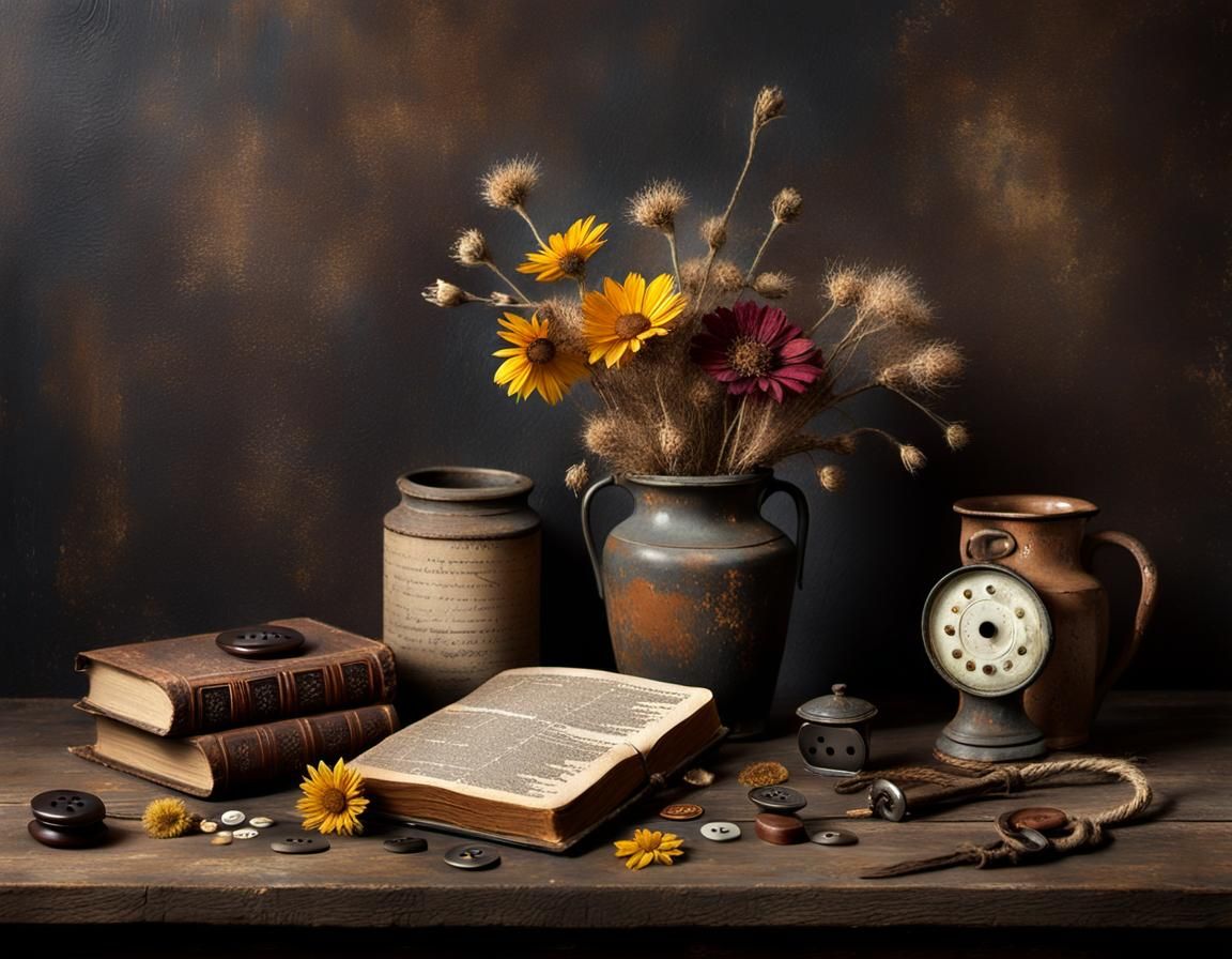 Rustic Still Life Oil Painting with Patina Textures