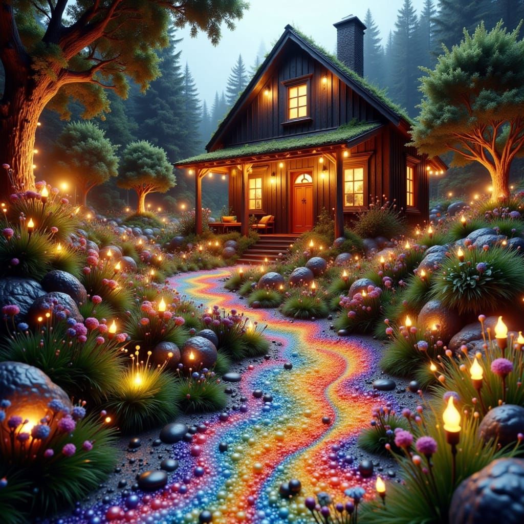 Whimsical Garden Path Illustration with Bohemian House