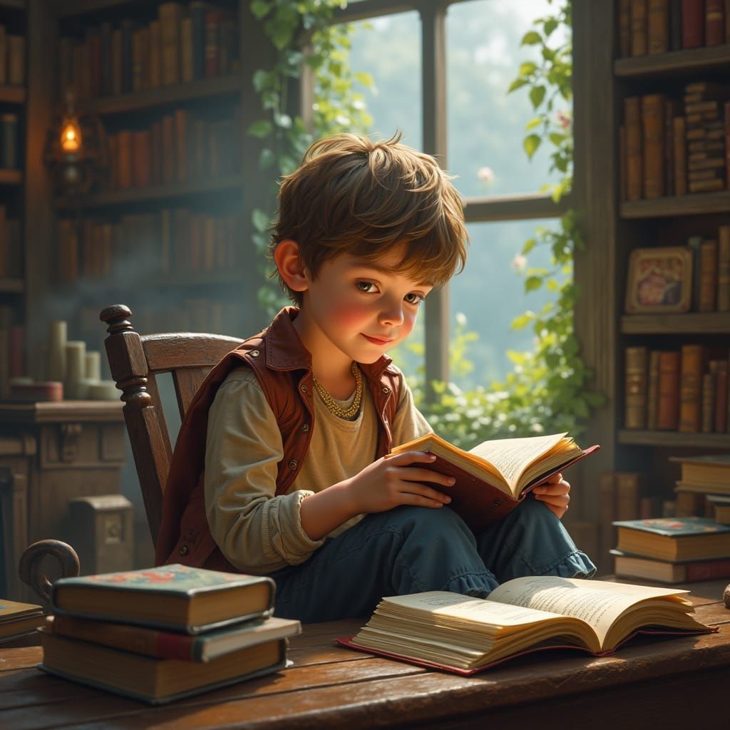 Ethereal Boy in Library, Hyperdetailed Fantasy Scene