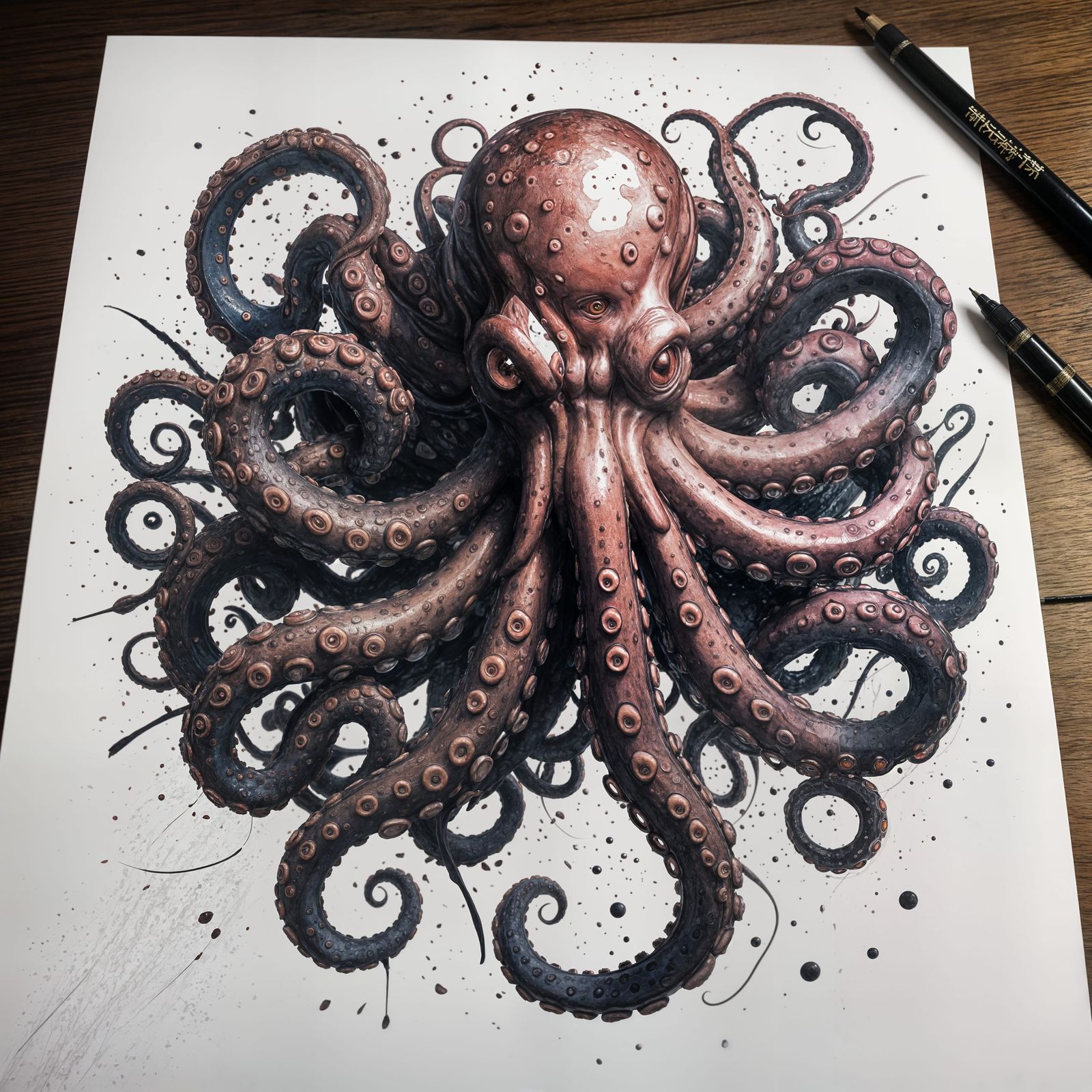 Oriental Octopus Ink Splatter Art in Anime Style