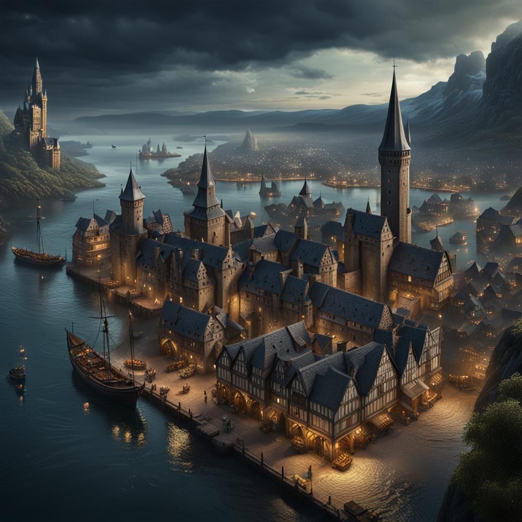 Dark Fantasy Medieval Port City, German Style
