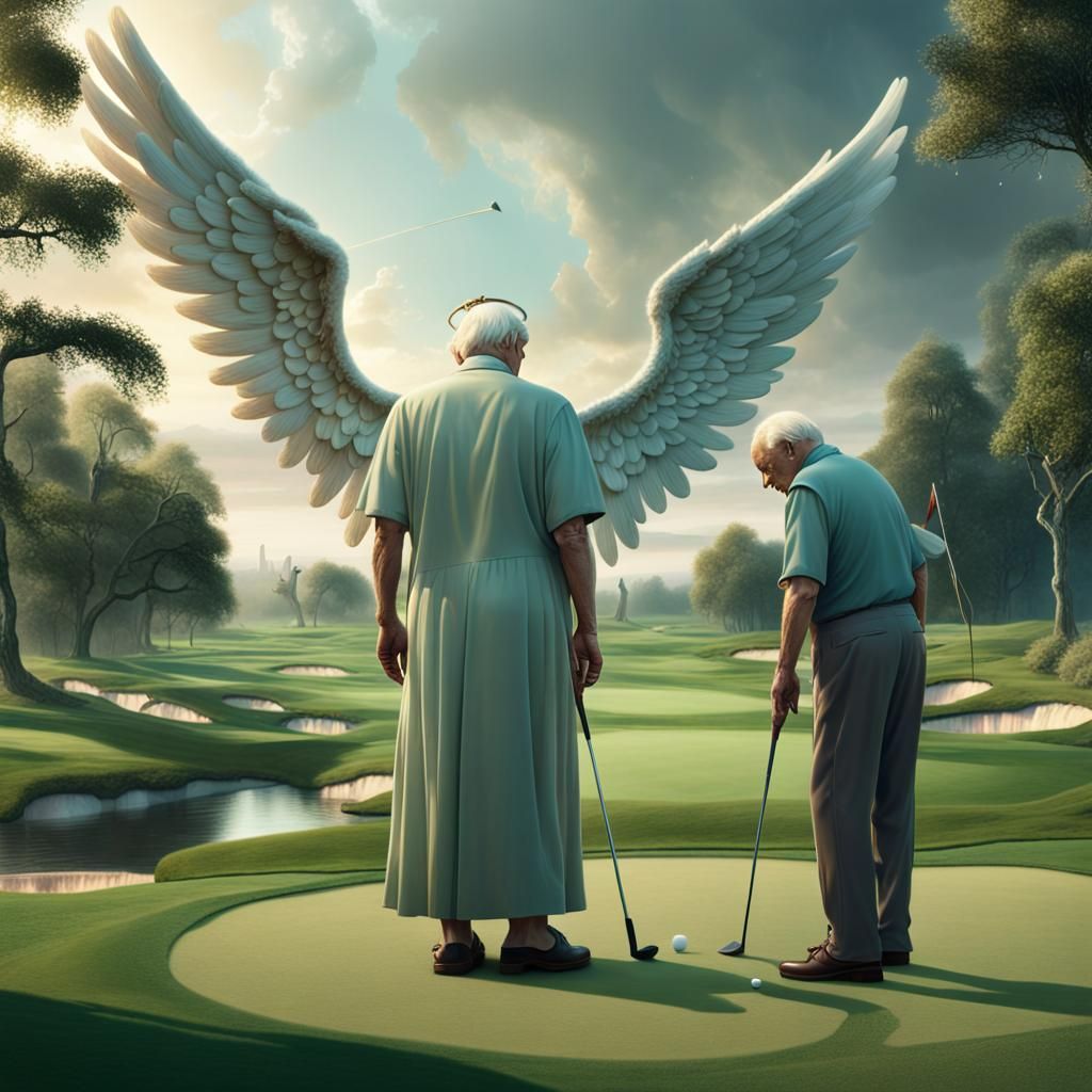 Ethereal Angel Watches Golfer: Detailed Matte Painting