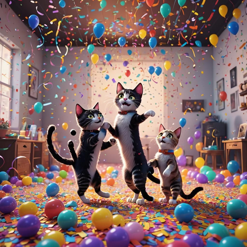 Cartoon Cats Party in Vibrant 3D CGI Style