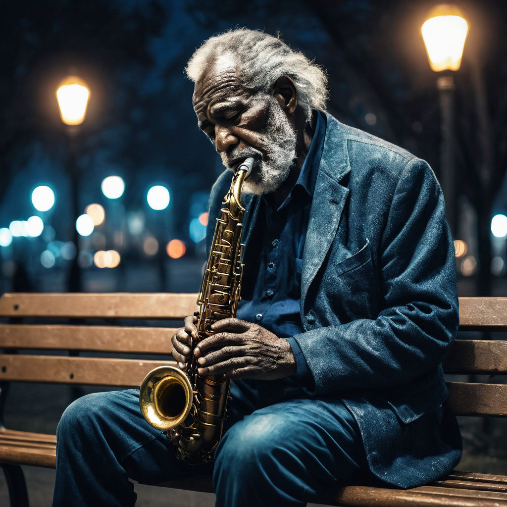 Saxophone Player in City Lights, Hyperrealistic Portrait