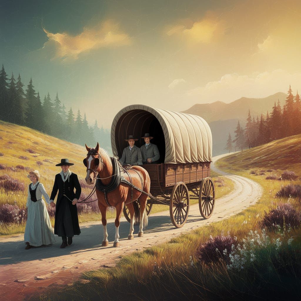 Family Journey on the Oregon Trail: Impasto Oil Painting