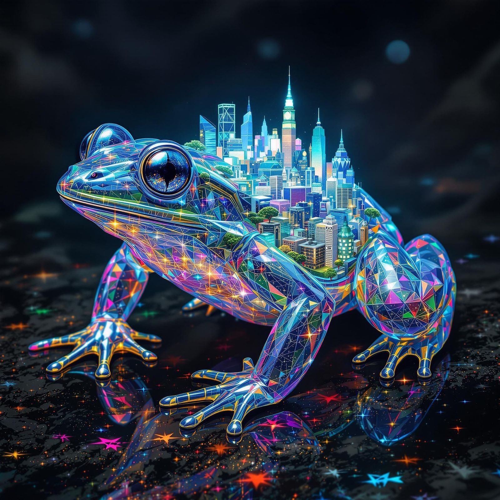 Glowing City Frog Leans on Urban Skyscrapers