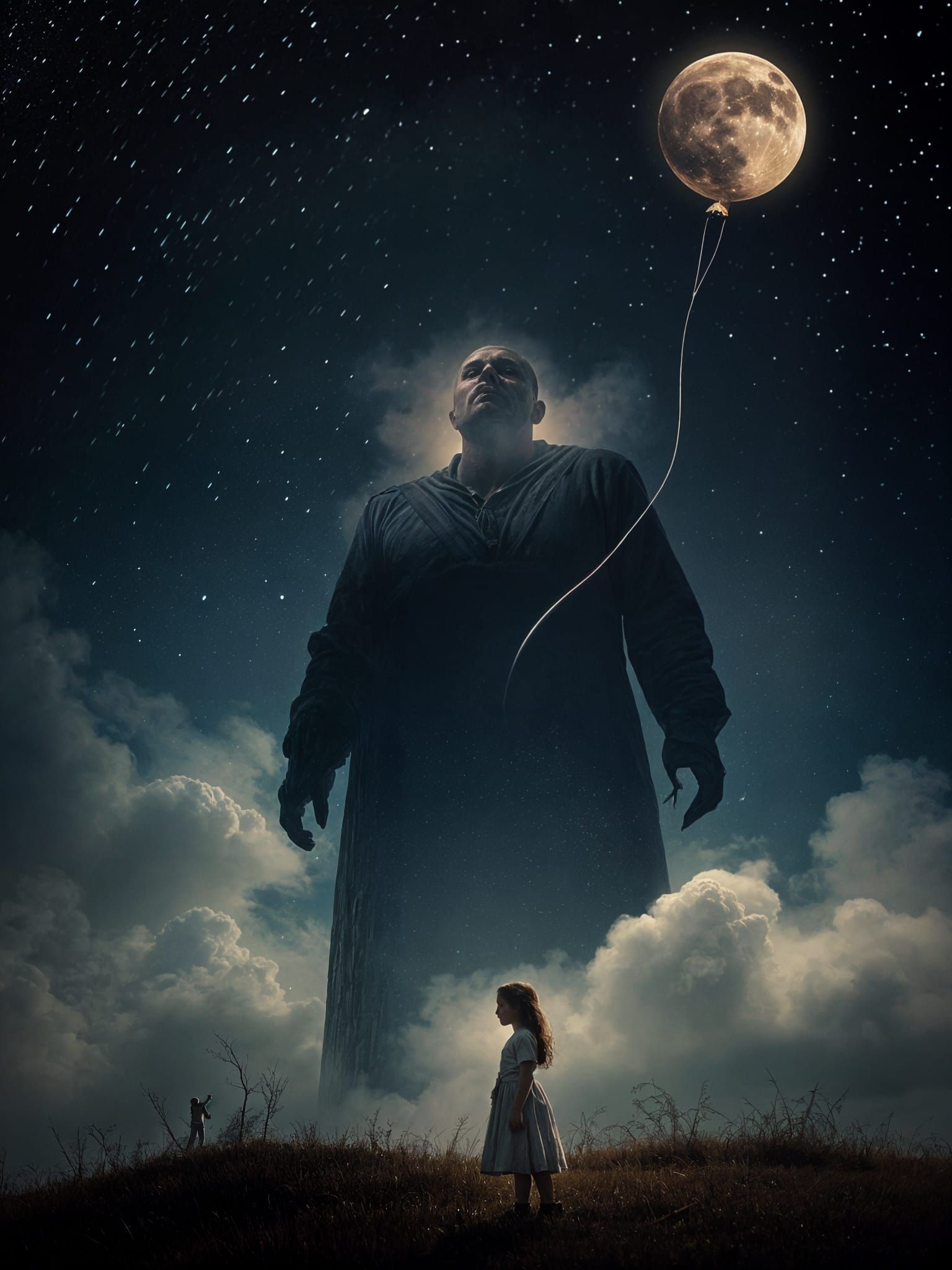 Double Exposure: Father, Girl, Moon Balloon in Starry Night