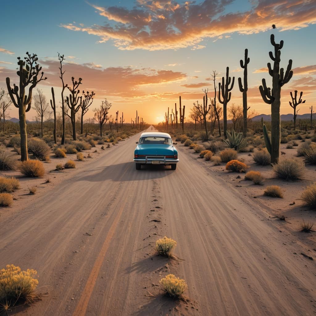 Desert Road Trip at Sunset