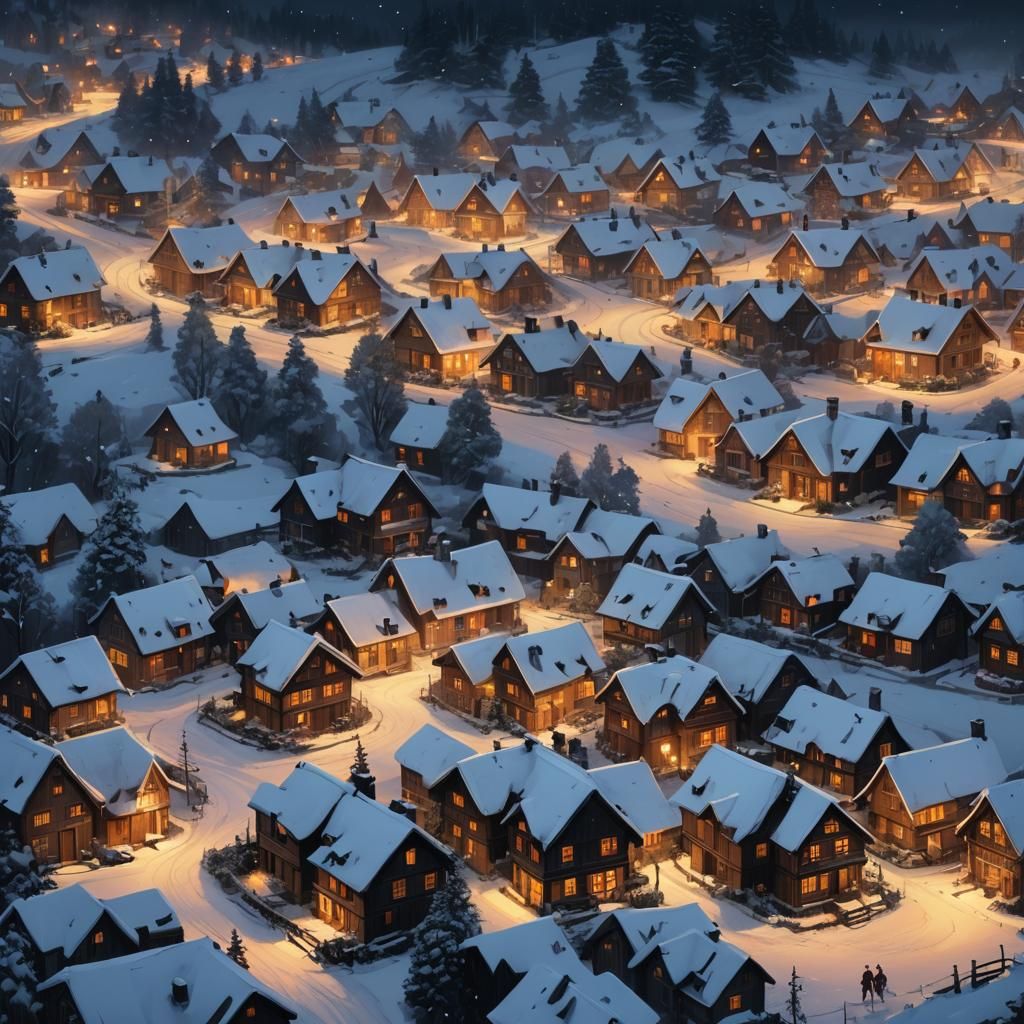 Hyperrealistic Snowy Village in Fairy Lights