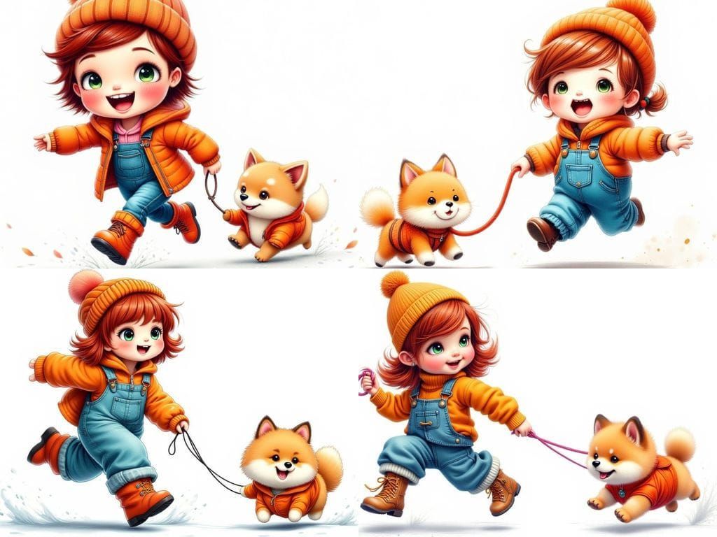 Chibi Girl Runs With Laughing Puppy in Oversized Overalls