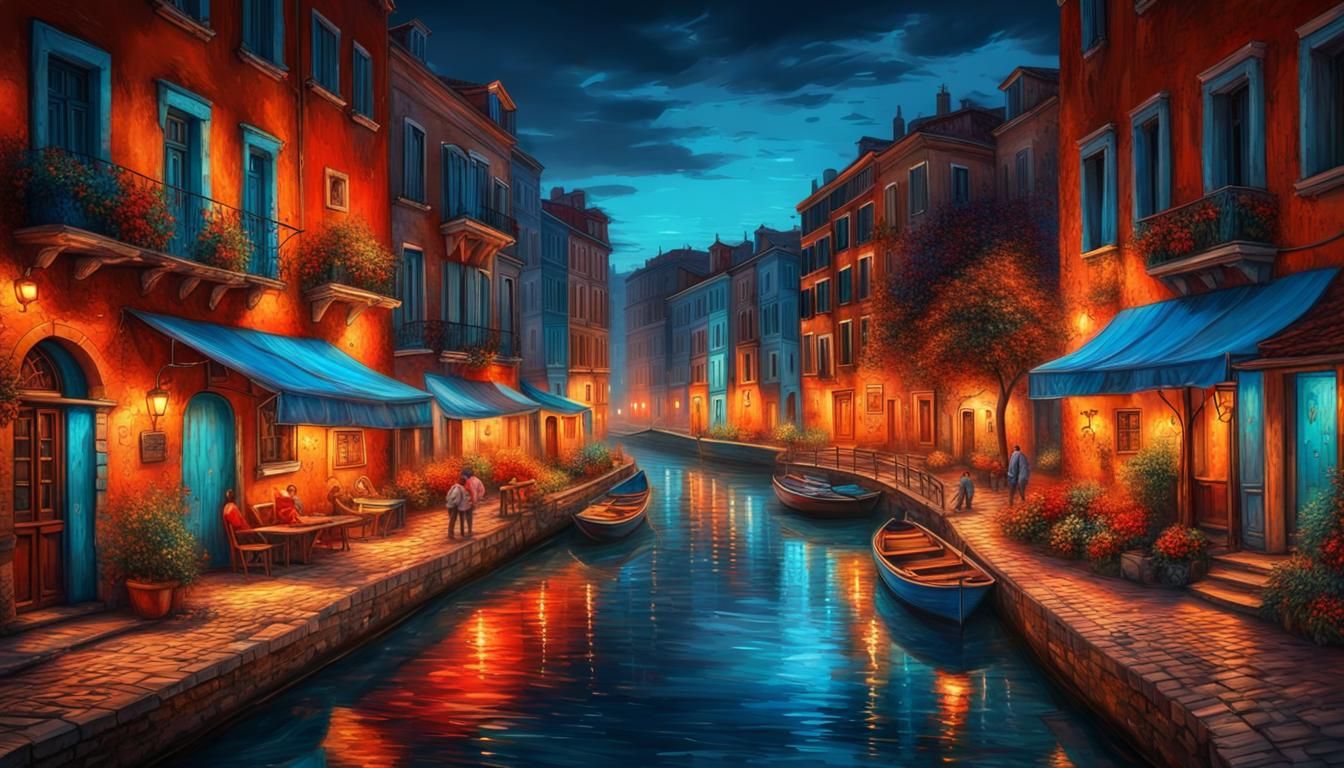 Dreamy City at Night: Oil Painting Style