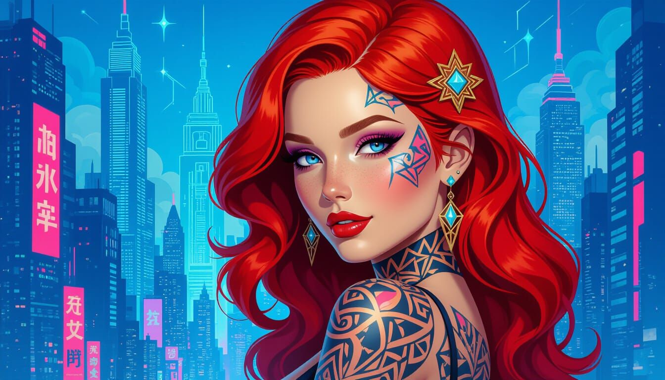 Cyberpunk Woman with Geometric Tattoos Portrait
