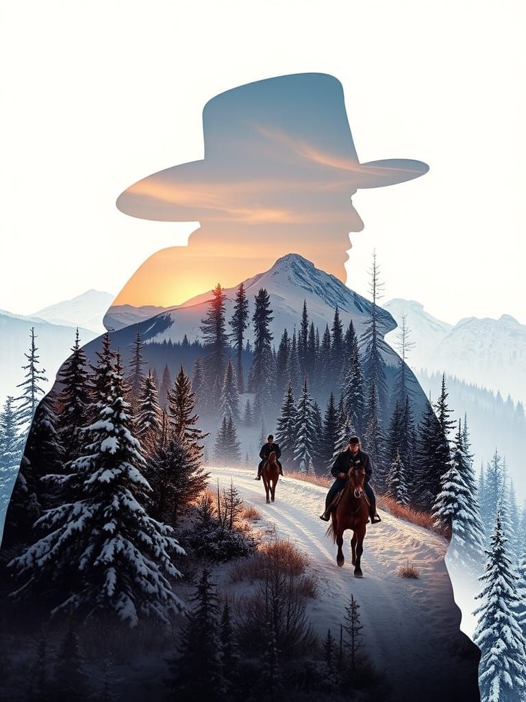 Winter Frontier: Double Exposure Silhouette in Cold Landscap...