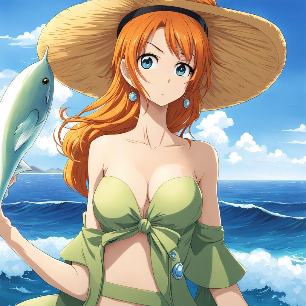 Anime-Style Nude Woman in Ocean Setting