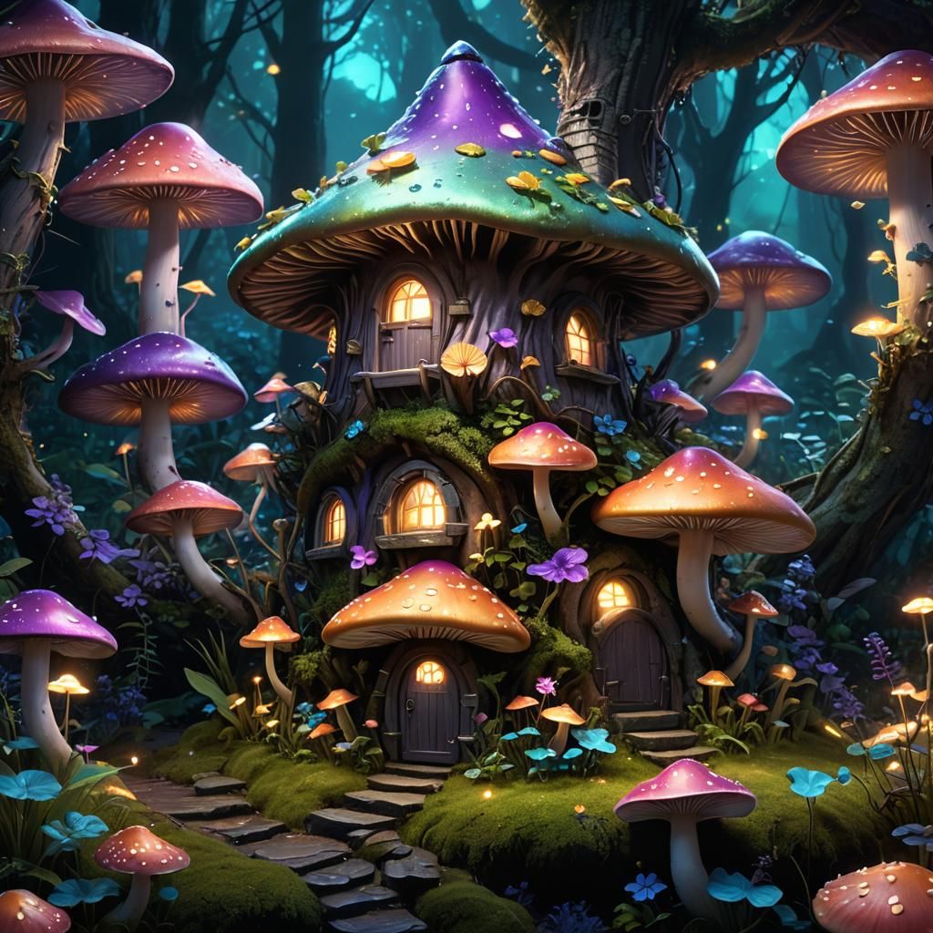 Enchanted Fairy Mushroom House in Bioluminescent Forest
