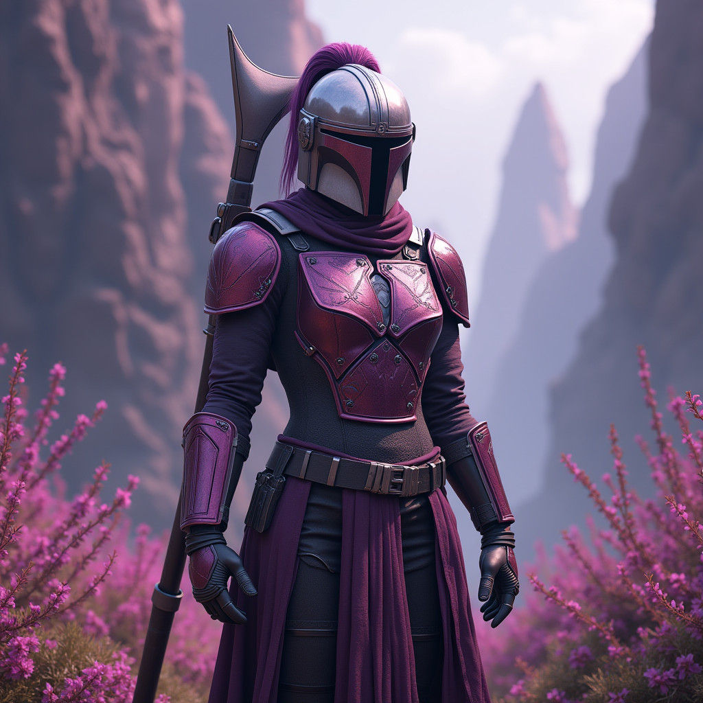 Mandalorian Warrior Woman in Mystical Alien Landscape