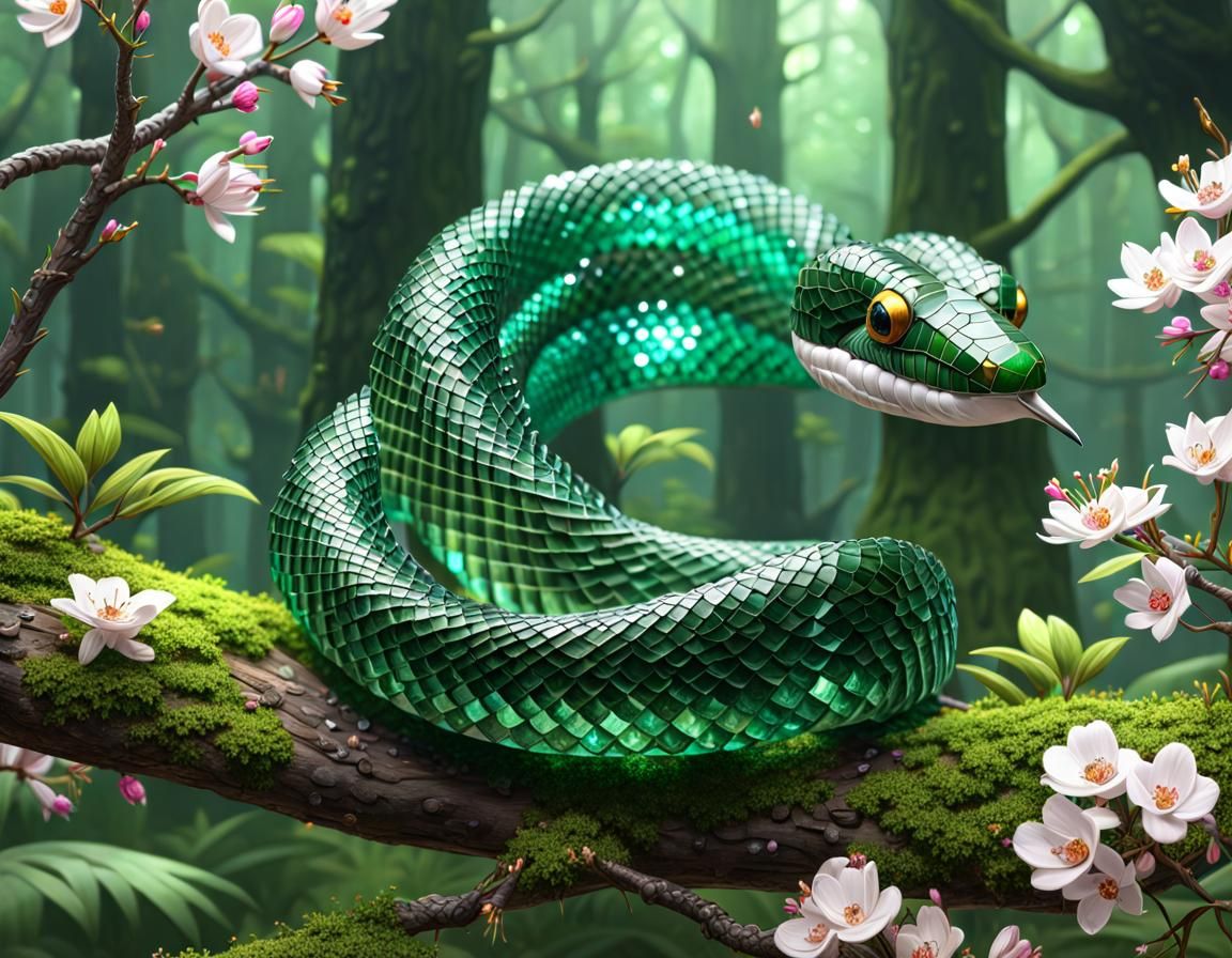 Crystal Snake on Flowery Branch in Digital Art