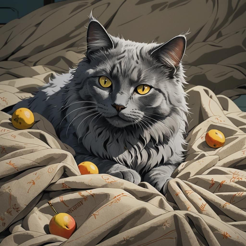 Nebelung Cat with Mango in Anime Key Visual Style