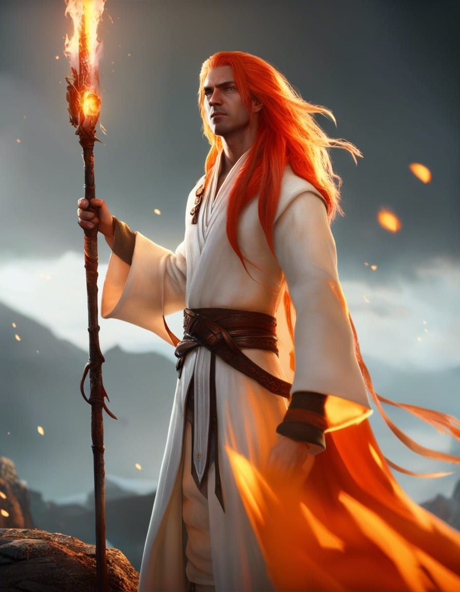 Fierce Fire Mage with Orange Hair in White Robes