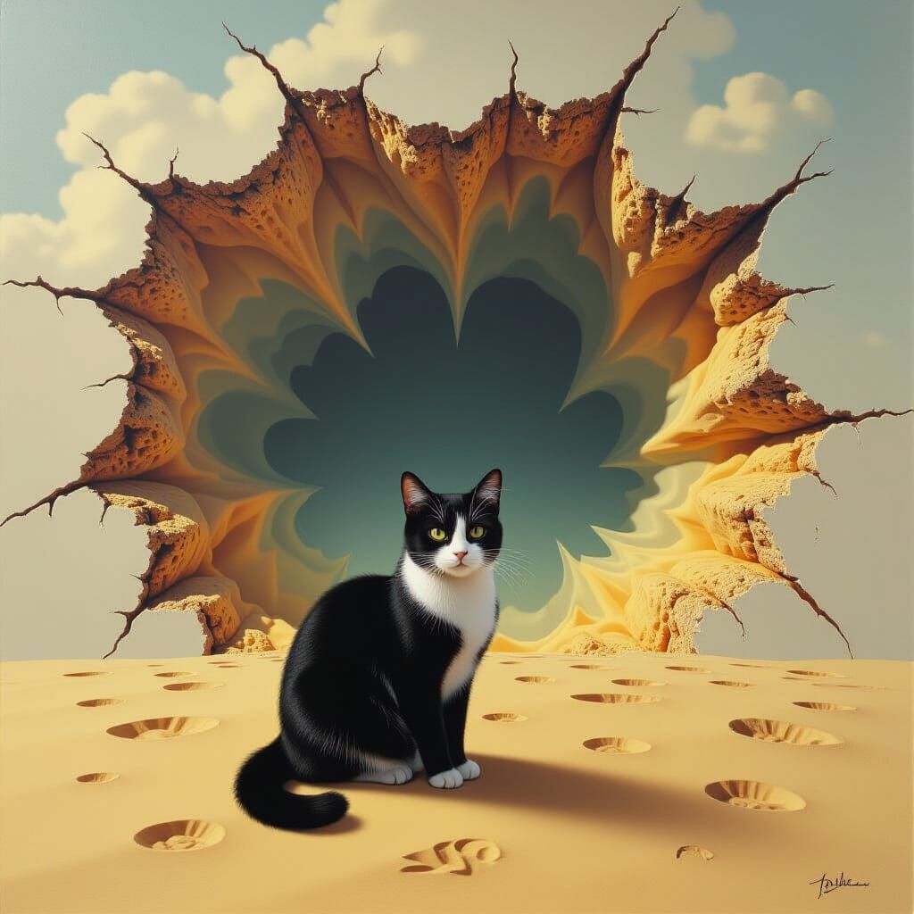 Black Cat With White Belly Against Crater Background