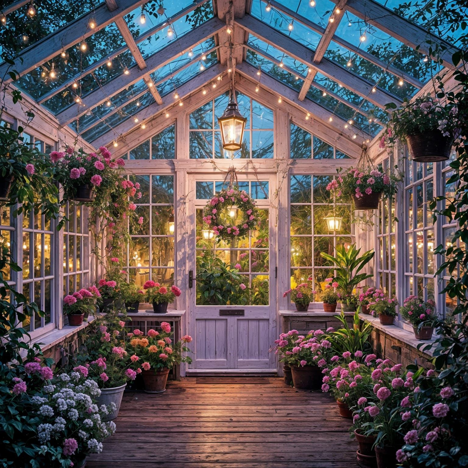 Magical Pink Greenhouse at Night with Fairylights