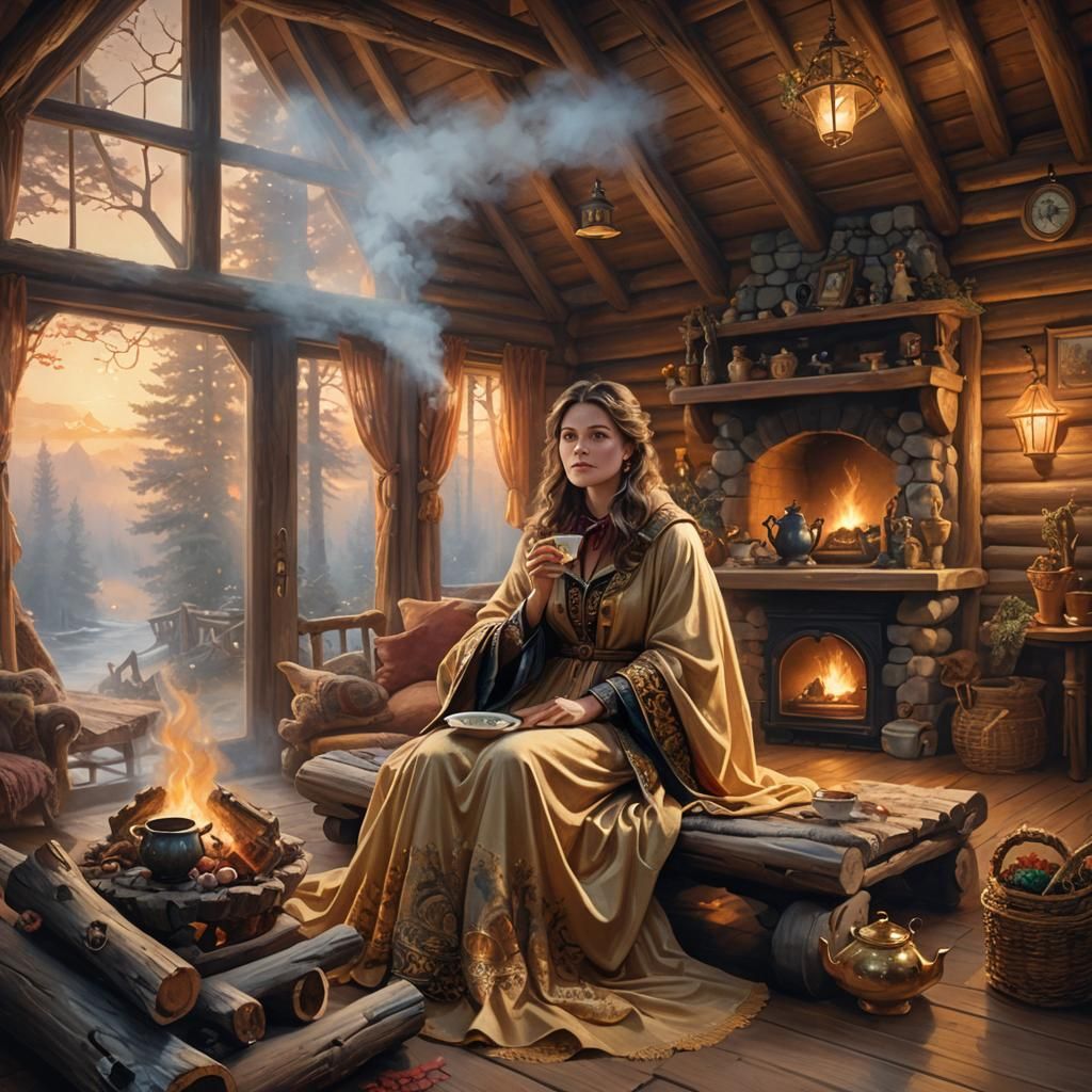 Woman in Cabin Drinking Tea: Fantasy Art