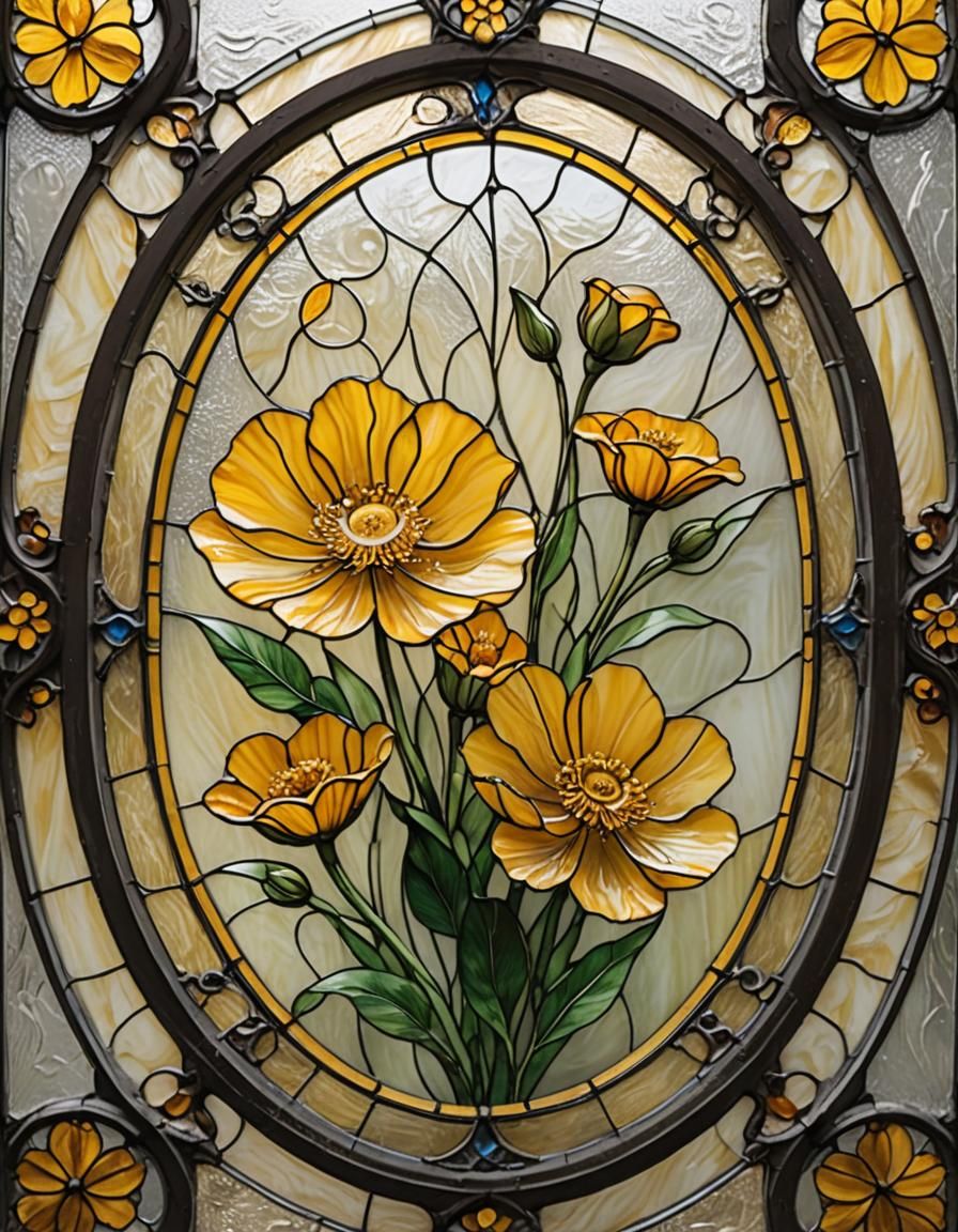 Stained Glass Persian Buttercup in Art Nouveau Style