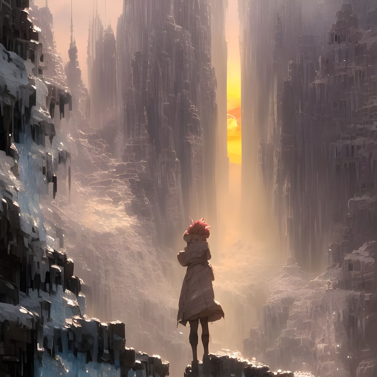 Icy Stone Statue at Sunrise in Anime Style
